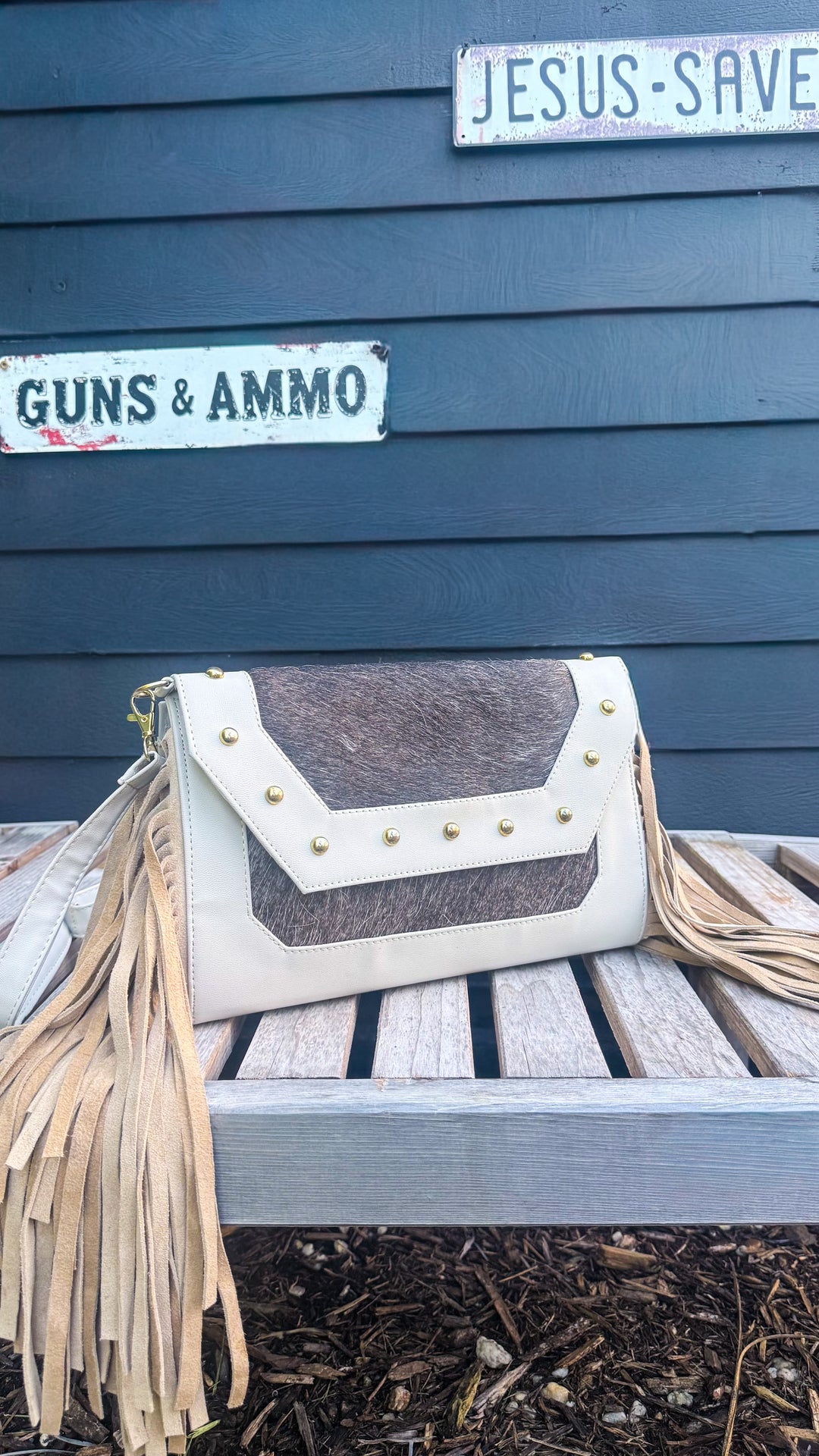 The Westbury | Charcoal Cowhide & Oatmeal Leather Fringe Bag