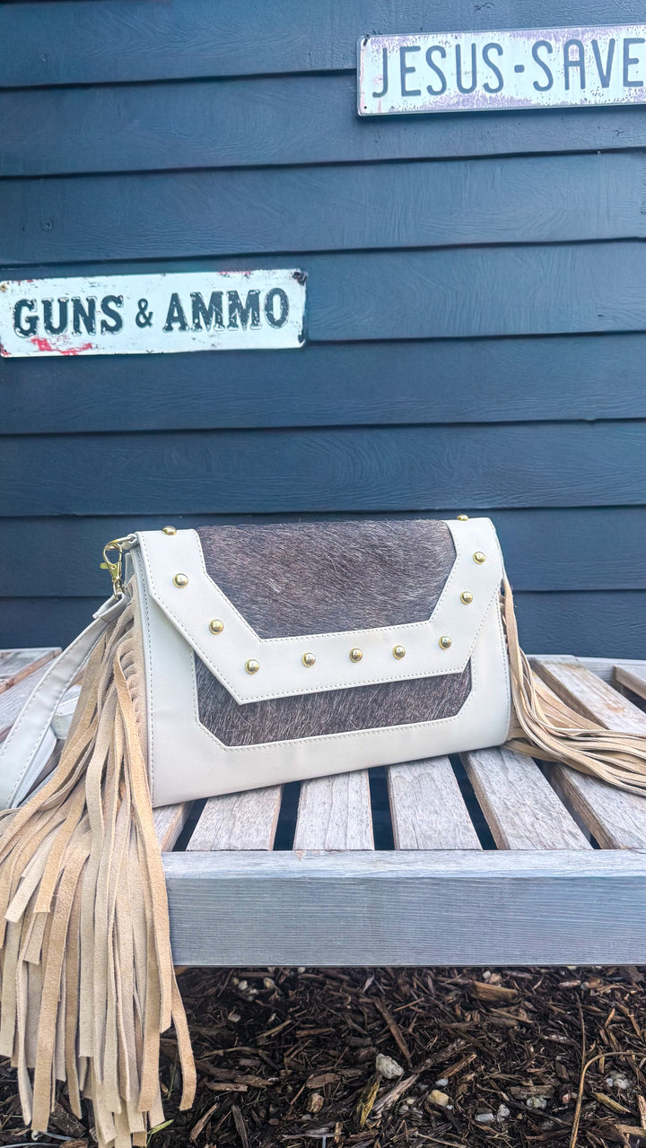 The Westbury | Charcoal Cowhide & Oatmeal Leather Fringe Bag