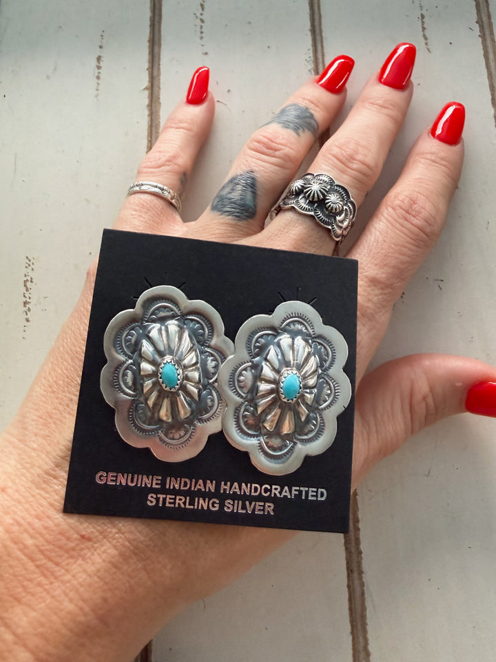 Lavina Benally Kingman Turquoise Sterling Silver Concho Earrings | Navajo Handmade