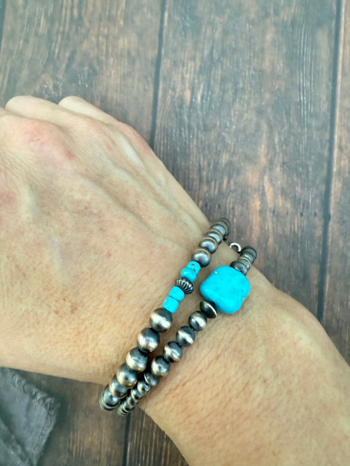 Sterling Silver Bead Bracelet with Sleeping Beauty Turquoise | Adjustable | Choose Your Style