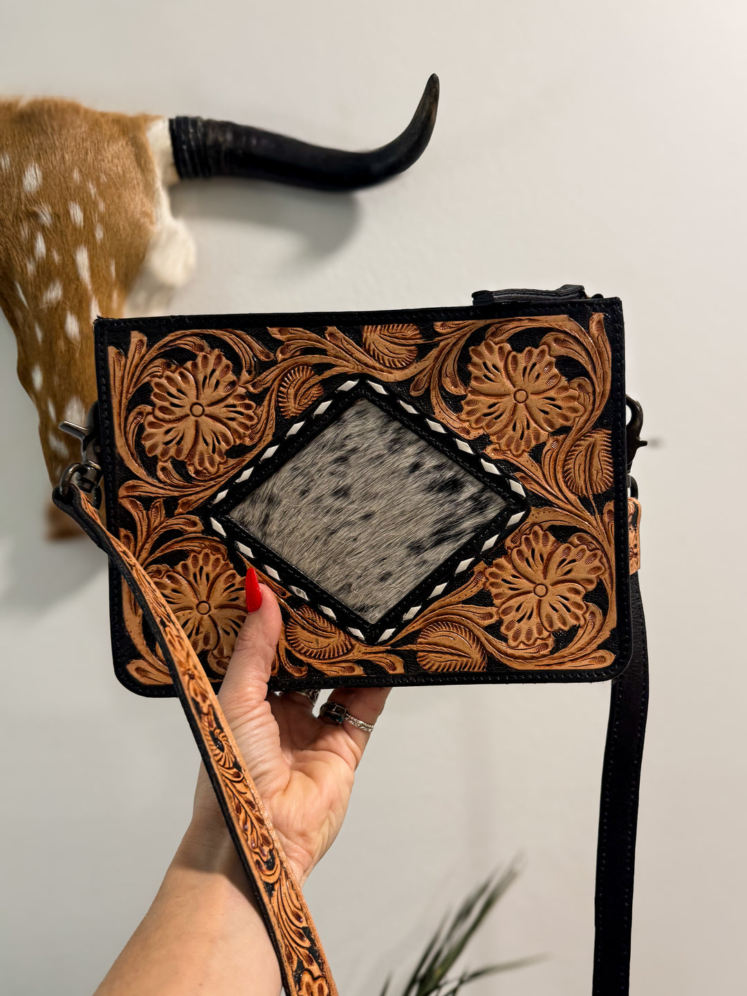 The Crossroads | Hand-Tooled Leather & Cowhide Crossbody