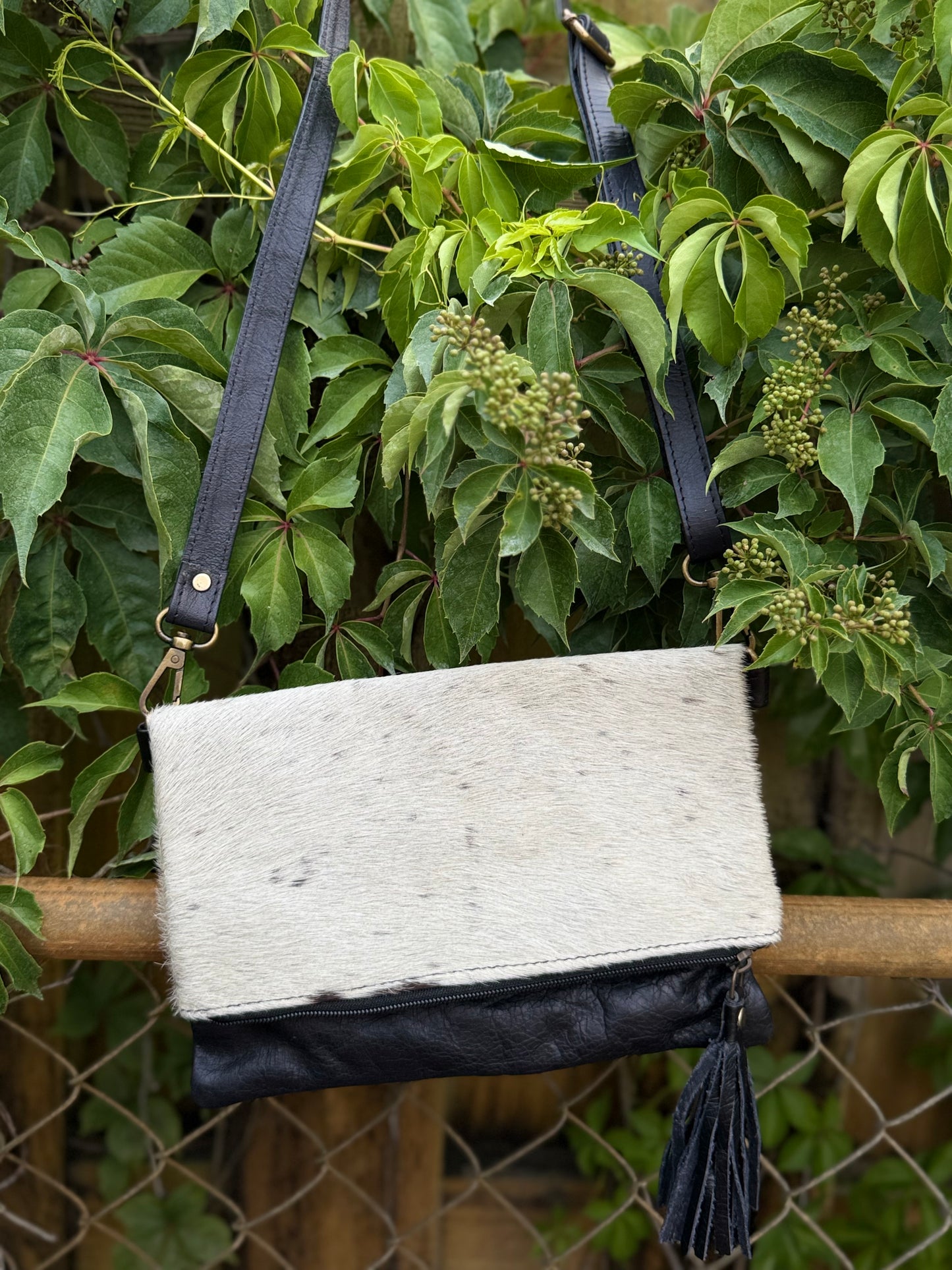 Hide Away Foldover: Small Elegant Black Leather and Hair on Cowhide Crossbody Foldover Purse