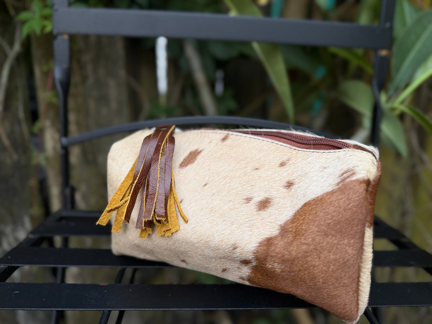 Brown/Tan Cowhide & Leather Travel Cosmetic Bag | Zipper Toiletry Case