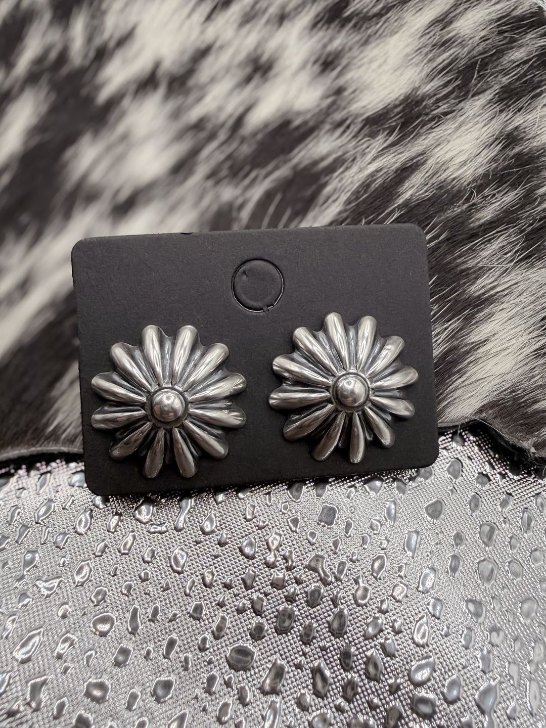 Handmade Sterling Silver Large Floral Concho Stud Earrings | Signed