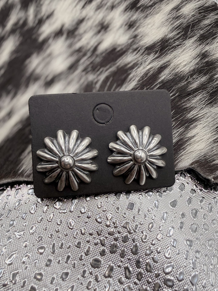 Handmade Sterling Silver Large Floral Concho Stud Earrings | Signed