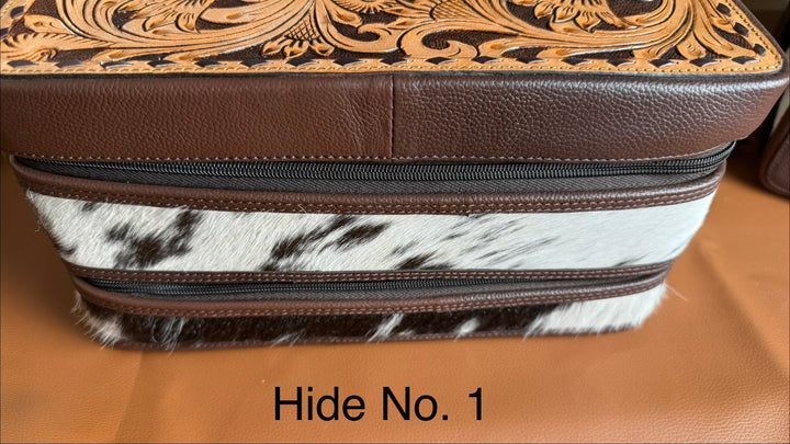 The Double Decker in Chocolate Brown | Large Dark Brown and White Cowhide and Tooled Leather Jewelry Case