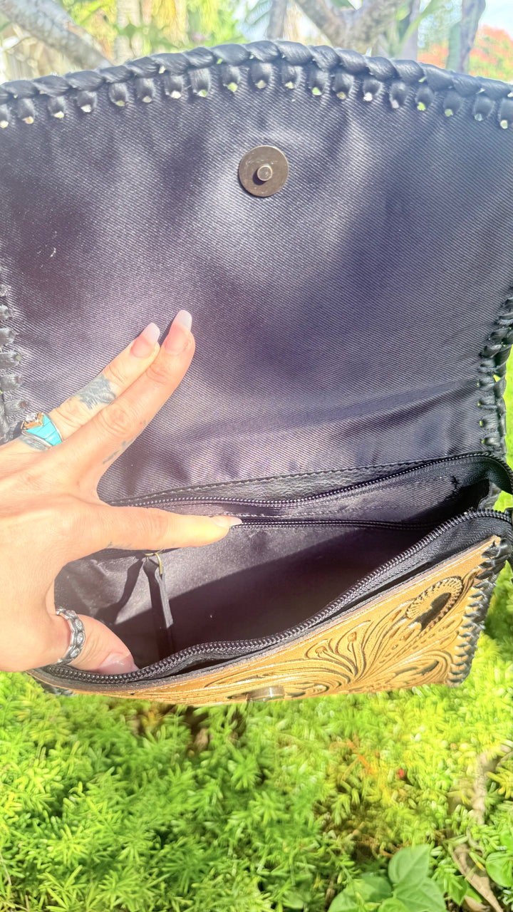 Black and Bloom | Full Grain Brown Tooled Leather Western Crossbody Purse