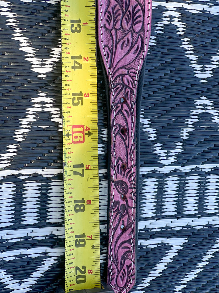 Magnolia Belle | (M/L) Pink Floral Leather Hand Tooled Dog Collar