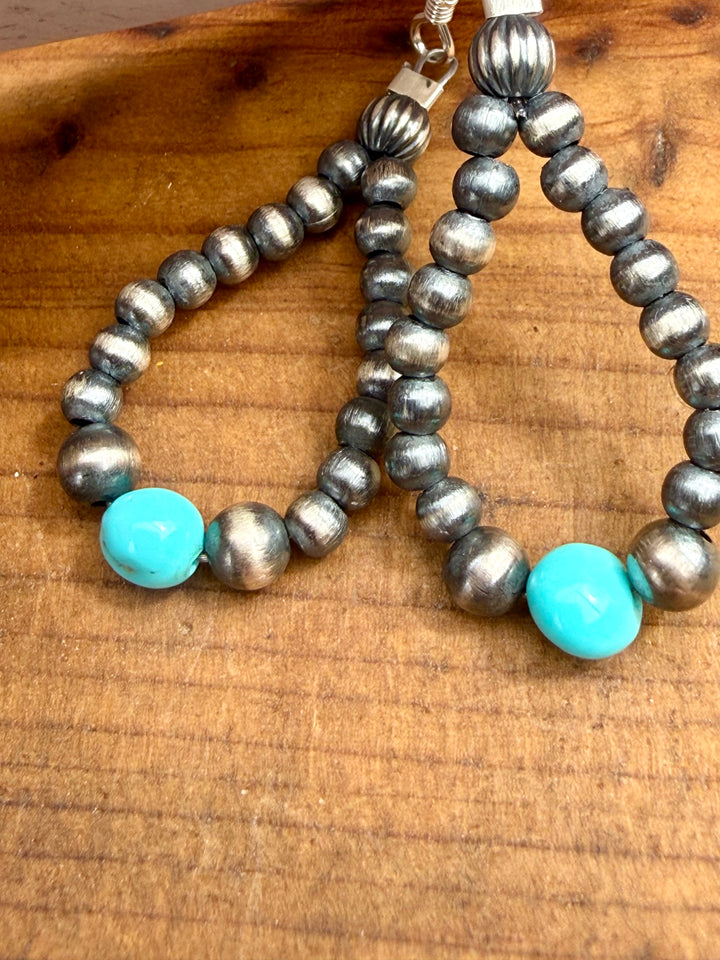 Sterling silver desert pearl teardrop earrings with sleeping beauty turquoise bead accent