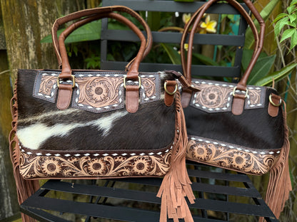 The Frontier Fringe Carryall : Cowhide, tooling, fringe, and function. Includes concealed carry pocket and two ways to wear