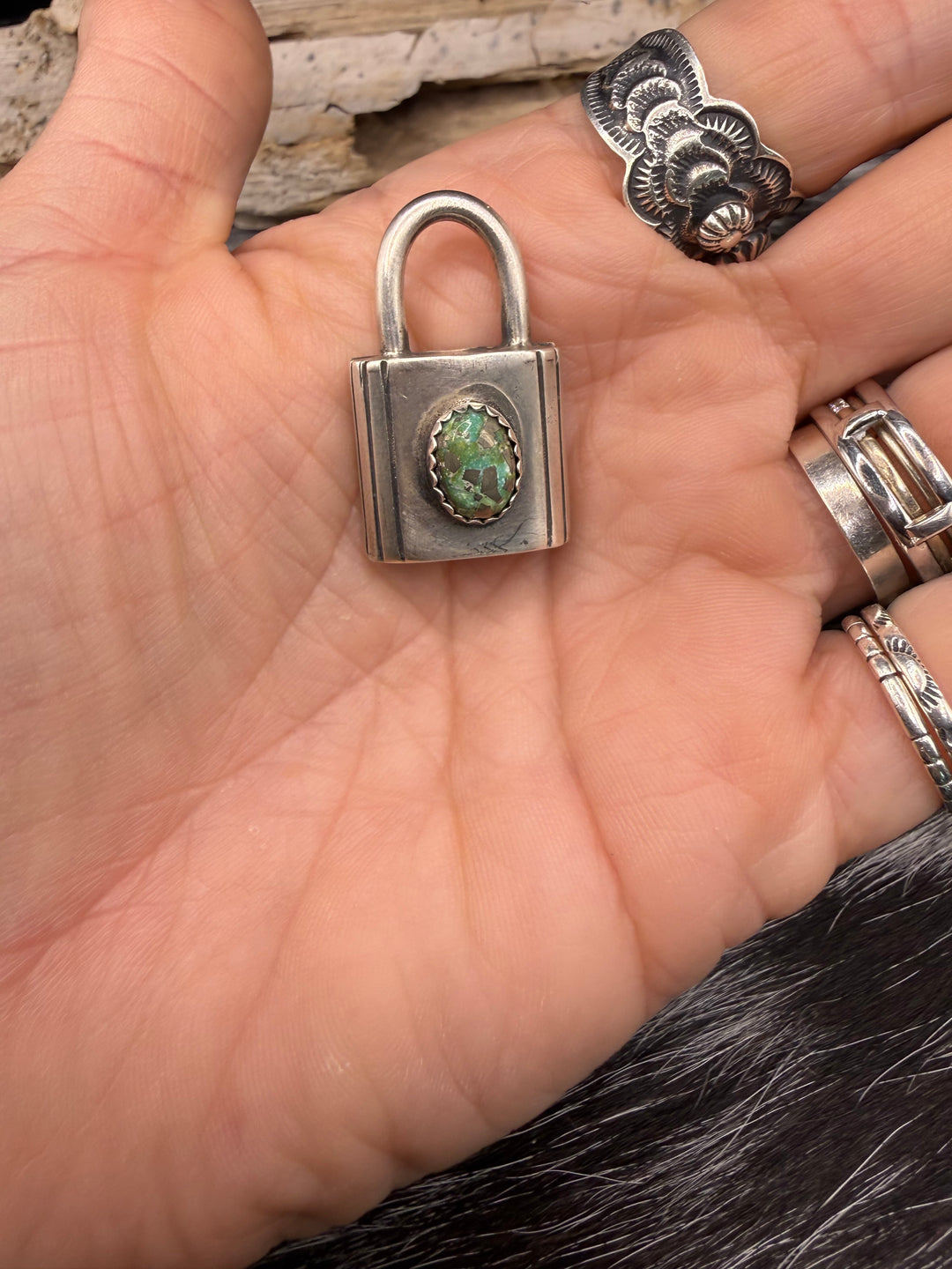 Navajo Sterling Silver Lock Necklace Charm Pendants | Turquoise or Pink Conch