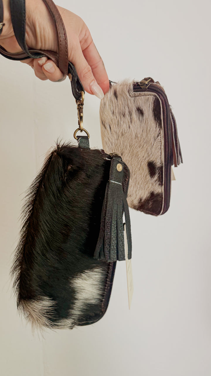 Genuine Cowhide Wristlet Pouch | Hair-On Hide Organizer with Tassel & Wrist Strap