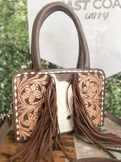 Little Wildflower : Hand Tooled Leather Cowhide and Fringe Mini Western Purse with Handles and Detachable Crossbody Strap