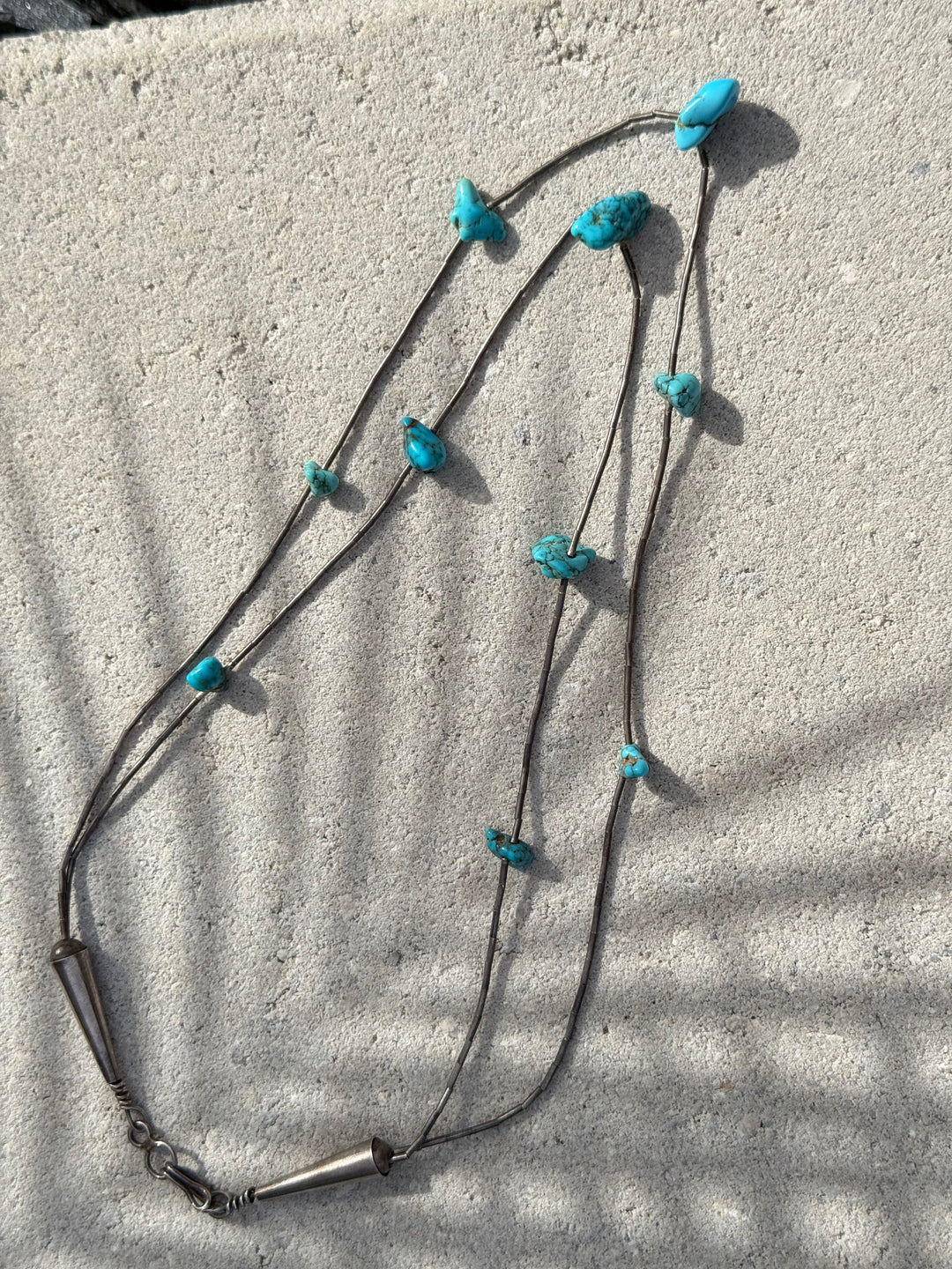 Vintage Liquid Silver Double Strand Turquosie Nugget Neclace