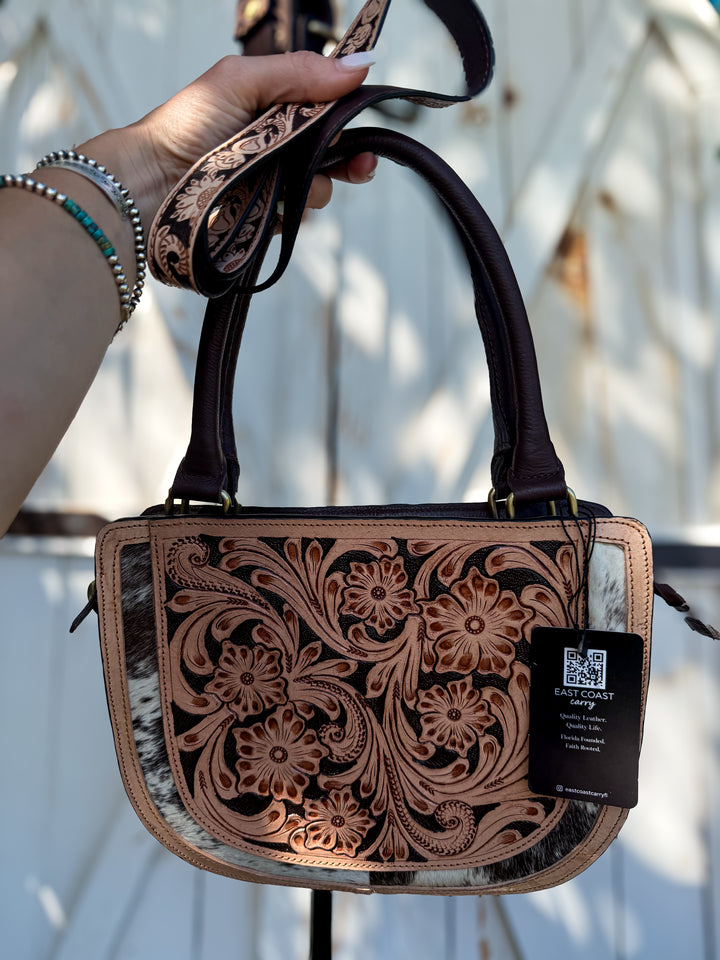 Featherlight Tooled Leather & Cowhide Crossbody Satchel