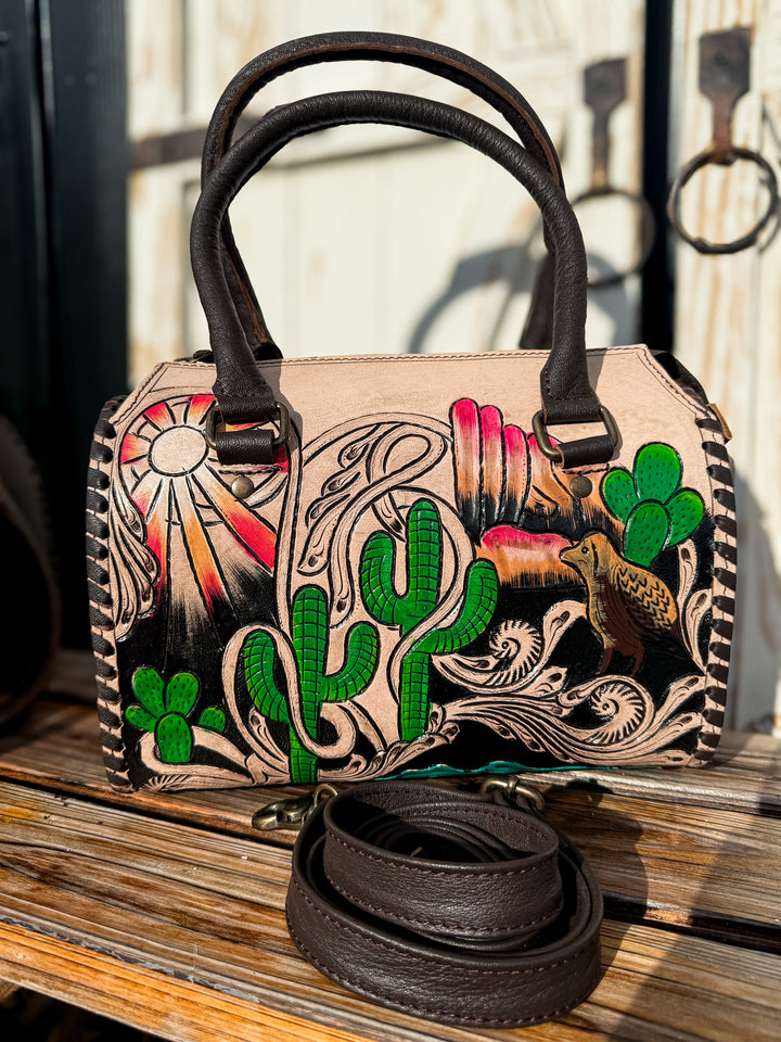 Hand-painted Western leather speedy bag with cactus tooling and chocolate brown leather handles