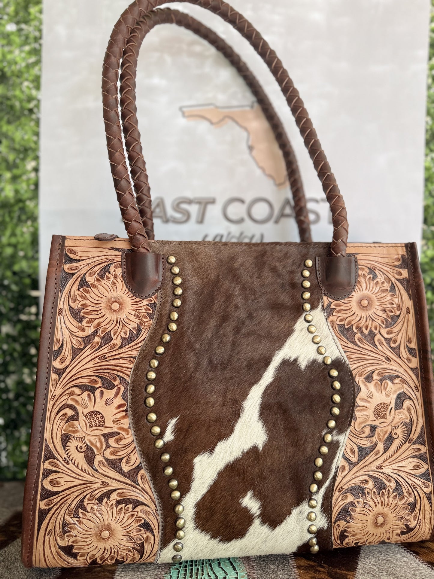 Family Tradition : in Brown Leather - Tooled Leather & Cowhide Concealed Carry Tote
