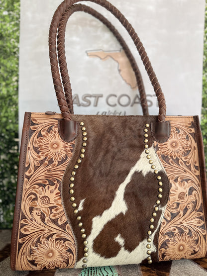 Family Tradition : in Brown Leather - Tooled Leather & Cowhide Concealed Carry Tote