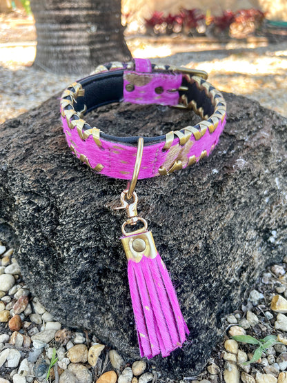 Hand Dyed Pink and Gold Cowhide Leather Dog Collar with Tassel (S/M)