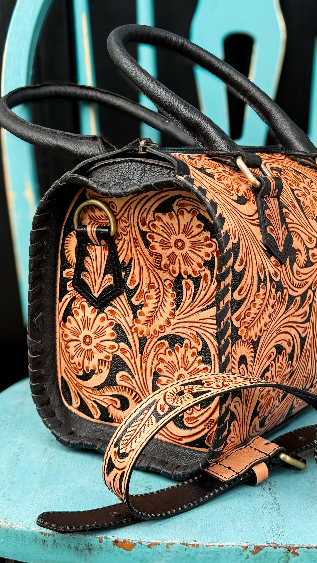The Black Rock Heirloom Speedy Satchel | Tooled Leather Black and Tan Convertible Handbag