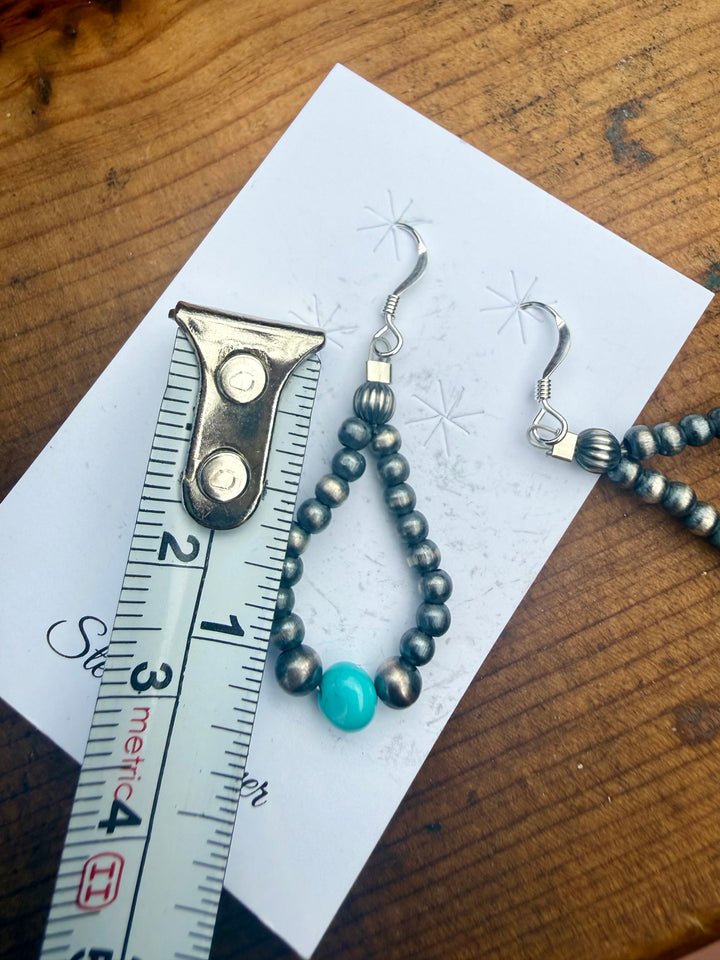 Sterling silver desert pearl teardrop earrings with sleeping beauty turquoise bead accent