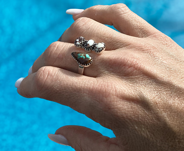 Sterling Silver Turquoise & Wild Horse Jasper Adjustable Ring – Southwestern Statement Floater Ring
