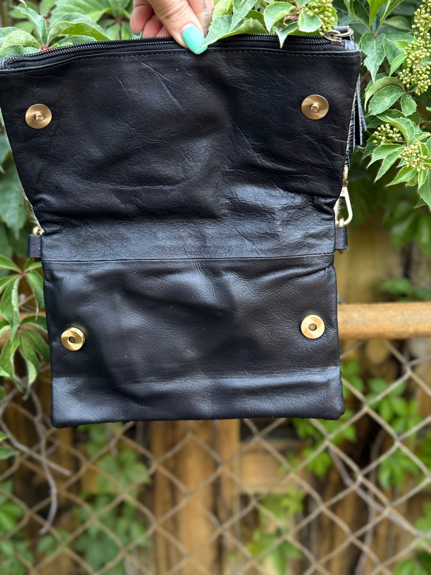 Hide Away Foldover: Small Elegant Black Leather and Hair on Cowhide Crossbody Foldover Purse