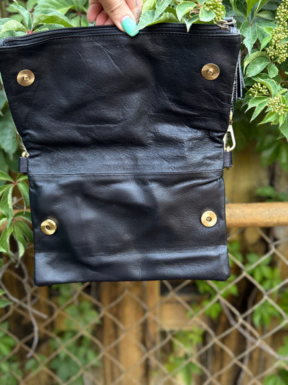 Hide Away Foldover: Small Elegant Black Leather and Hair on Cowhide Crossbody Foldover Purse