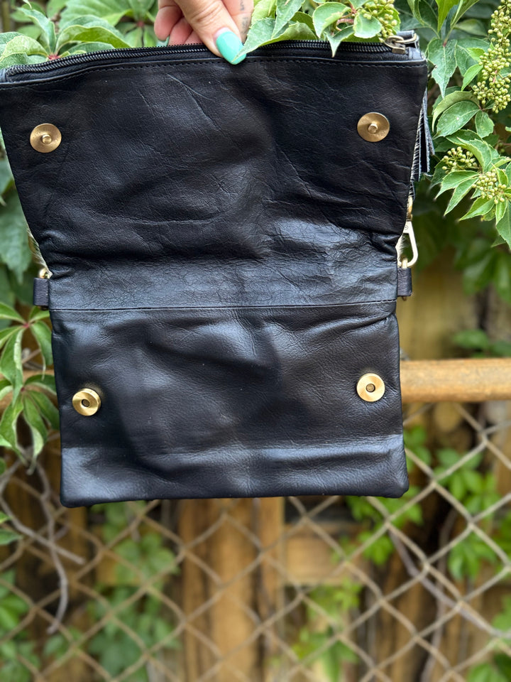 Hide Away Foldover | Small Elegant Black Leather and Hair on Cowhide Crossbody Foldover Purse