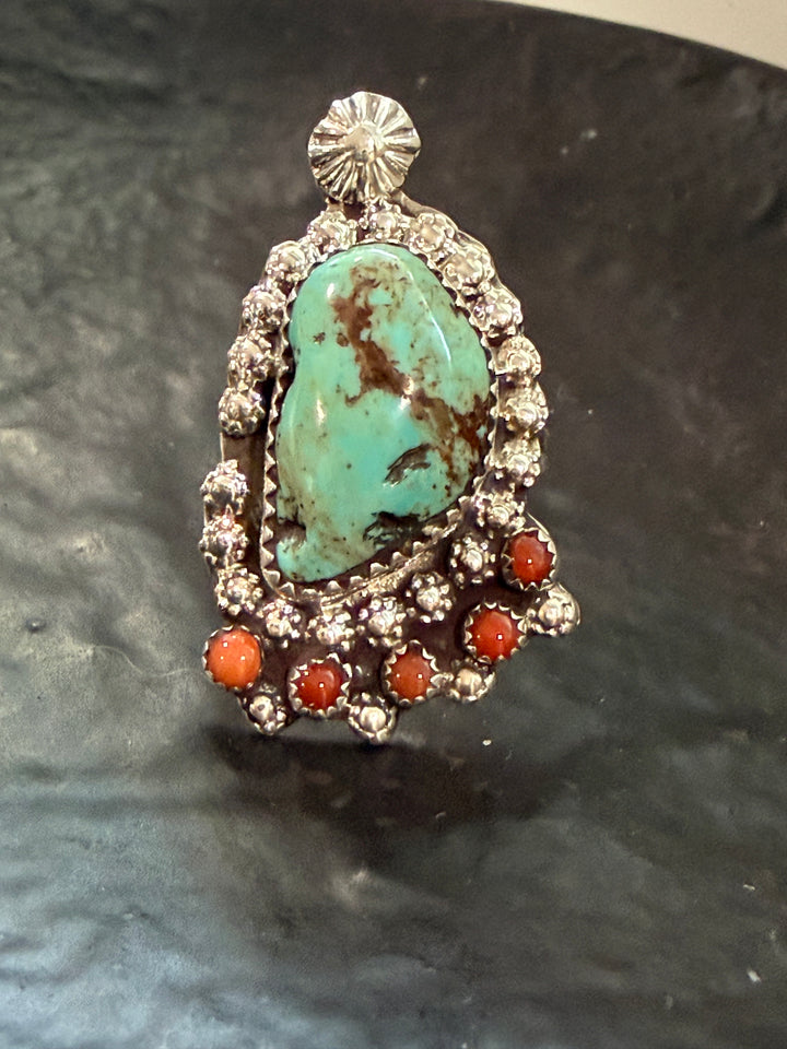 Darren Begay Navajo Handmade Mine 8 Turquoise and Coral Sterling Silver Ring - Size 7.5