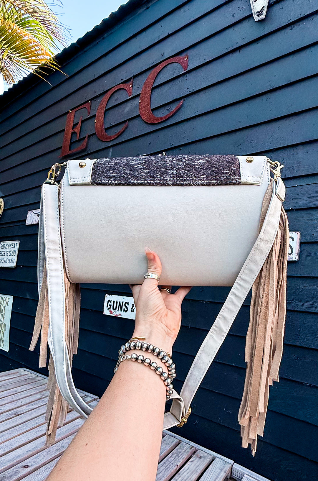 The Westbury | Charcoal Cowhide & Oatmeal Leather Fringe Bag