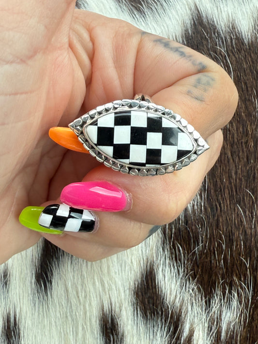 Sterling Silver Black and White Checkered Ring