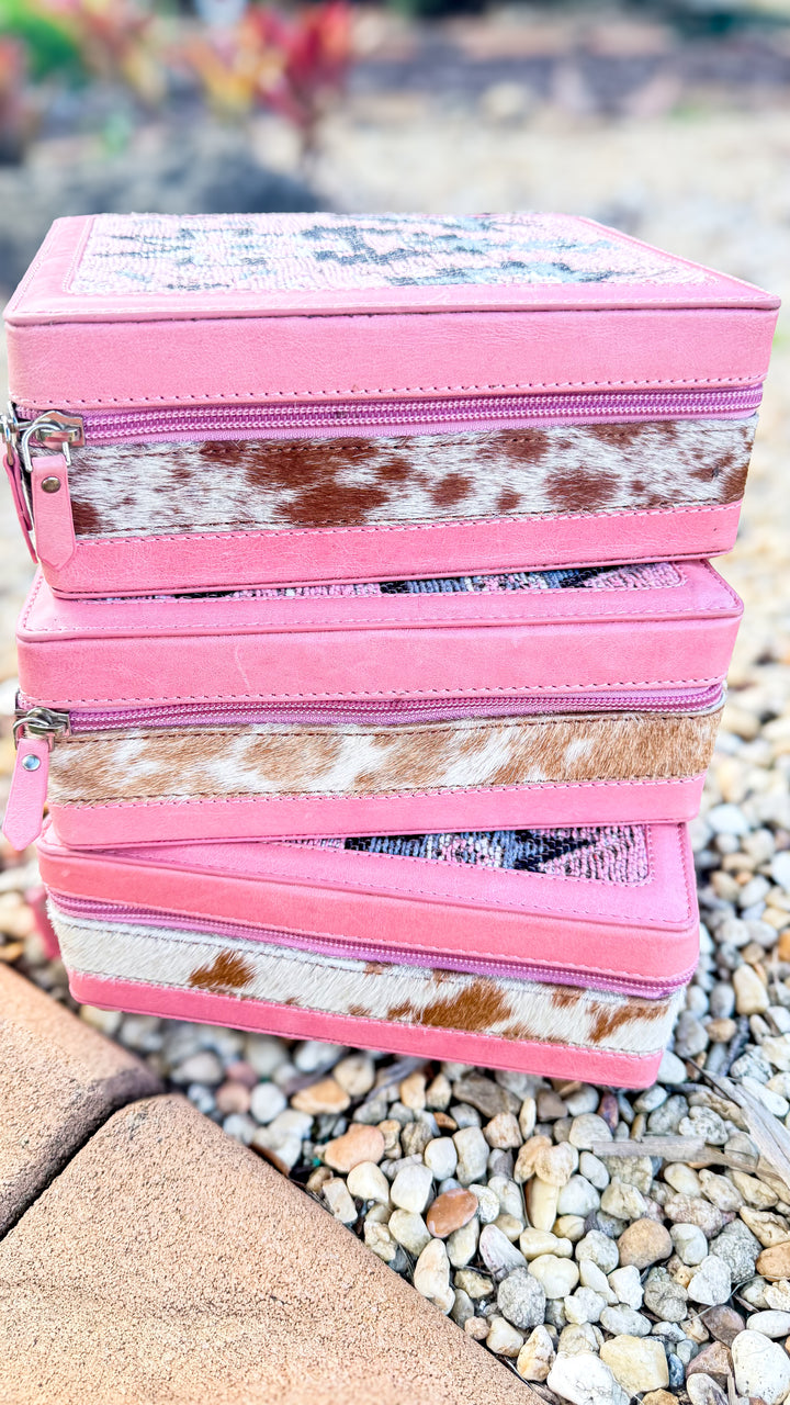 Pink Leather Tan Cowhide Southwestern Rug Design Jewelry Box