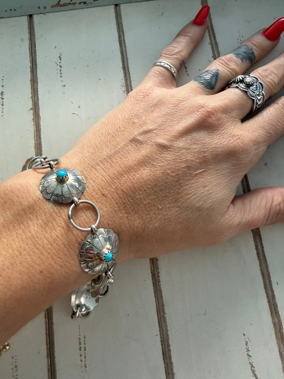 Estate Sterling Silver & Turquoise Concho Link Bracelet