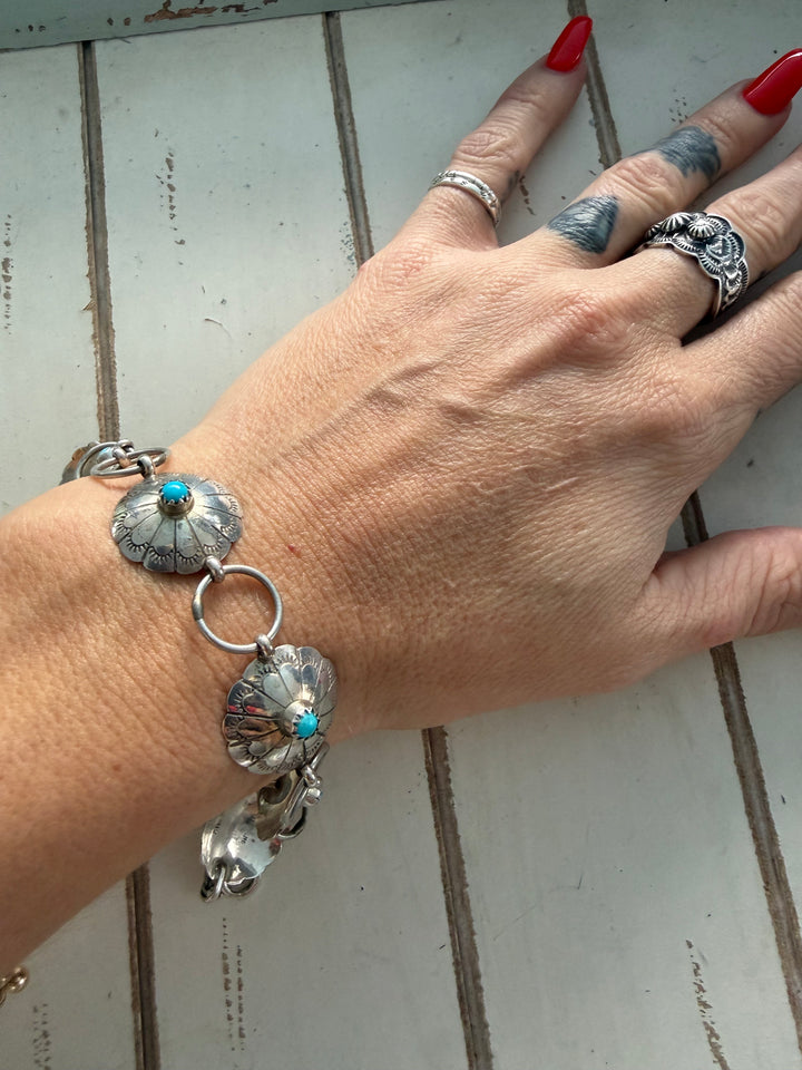 Estate Sterling Silver & Turquoise Concho Link Bracelet