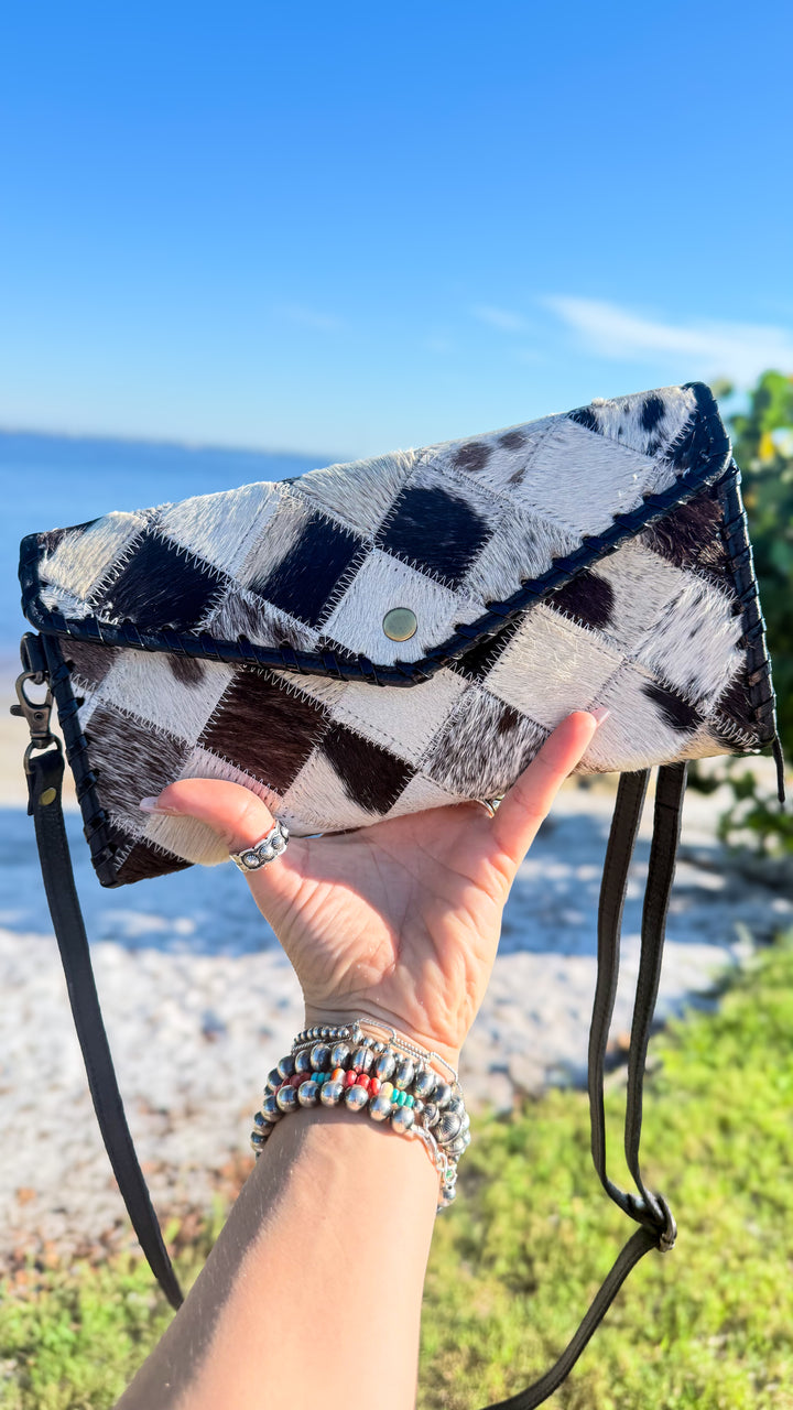 Check Her Out | Cowhide Patchwork Leather Clutch Crossbody & Wallet Organizer