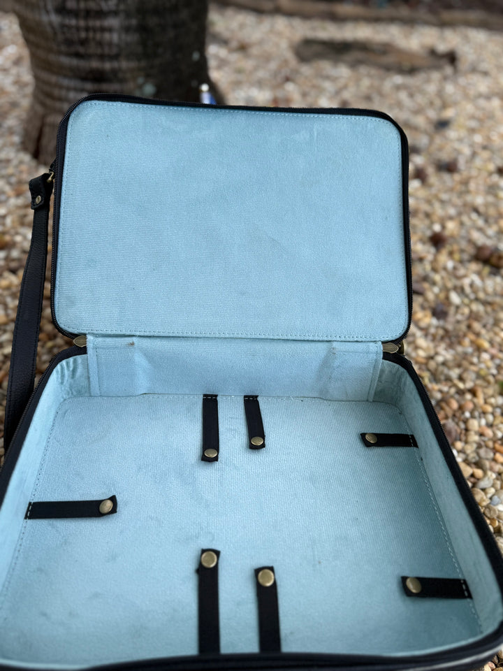 The Double Decker in Black | Large Black and White Cowhide and Tooled Leather Jewelry Case