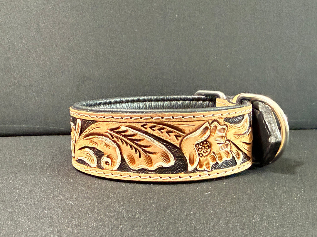 Magnolia Beau | (M/L) Natural Floral Leather Hand Tooled Dog Collar