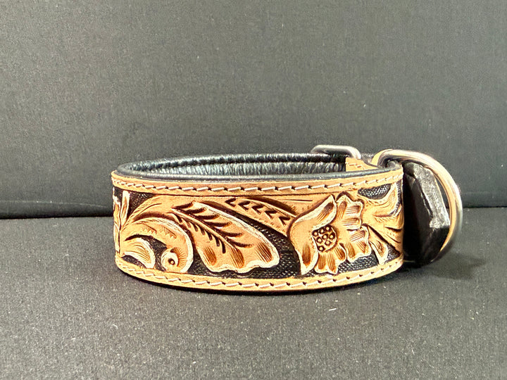Magnolia Beau | (M/L) Natural Floral Leather Hand Tooled Dog Collar