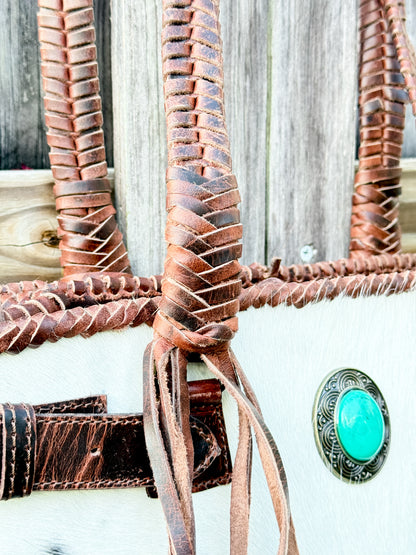 The Everglades Outrider: Distressed Brown Leather Western Purse with Braided Straps and Hair on Cowhide