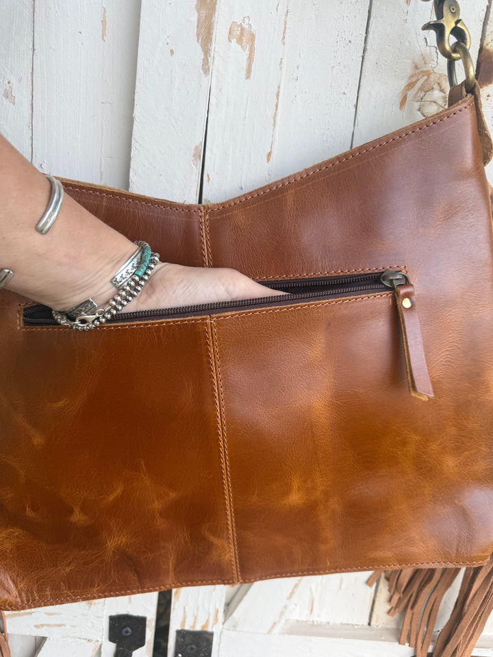Fringe Cowhide Leather Crossbody – Hand Tooled Western Shoulder Bag – Hair-On Hide Purse