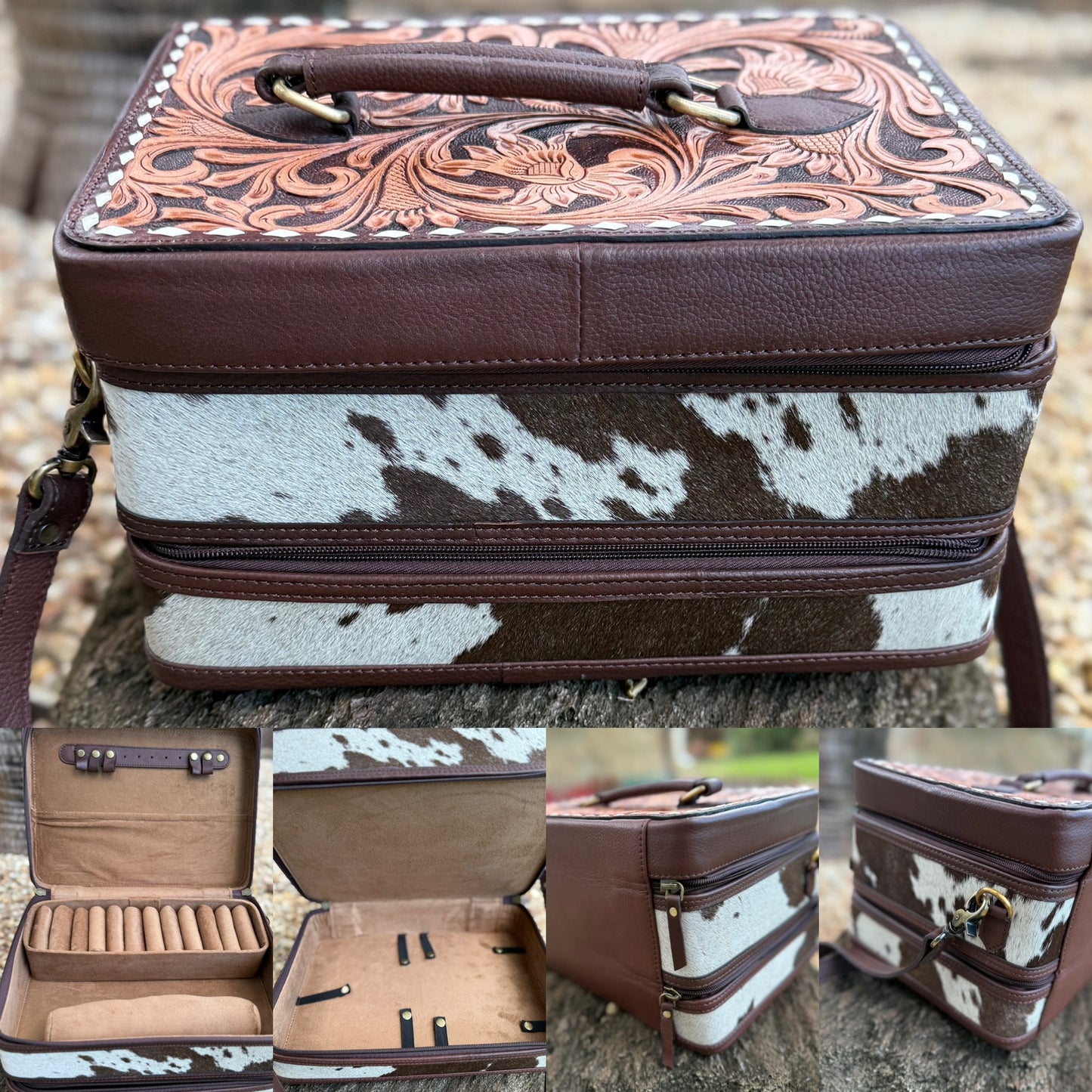 The Double Decker: Large Cowhide and Tooled Leather Jewelry Case