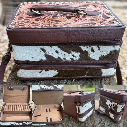 The Double Decker: Large Cowhide and Tooled Leather Jewelry Case