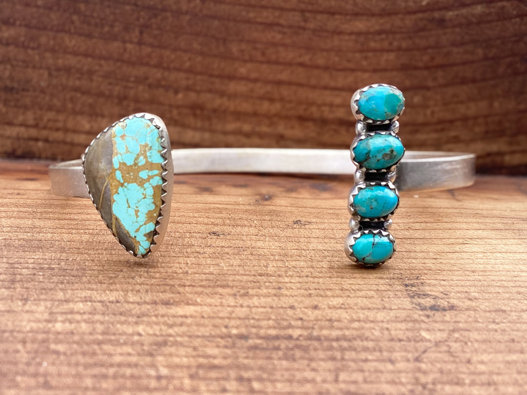 sterling silver cuff bracelet with royston ribbon and kingman composite turquoise adjustable floater western cuff 