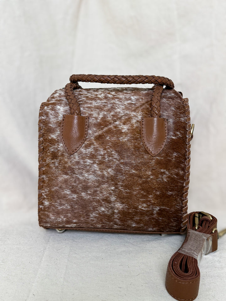 Soft & Strong™ Cowhide Satchel | Caramel & White Genuine Hair-On Hide Leather Handbag