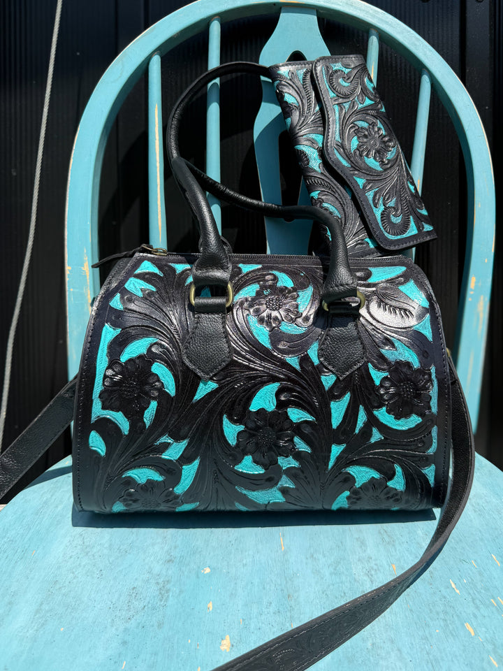 Black Ties & Blue Collars | Structured Tooled Leather Bag + Matching Clutch Set