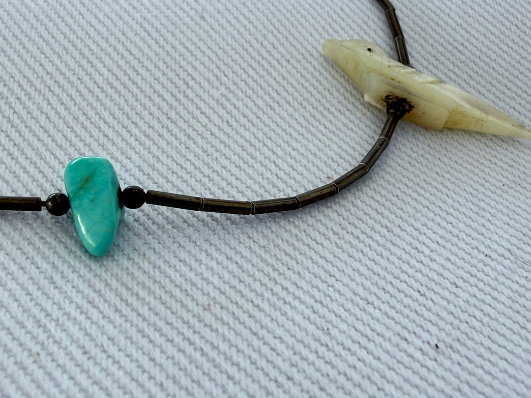 Vintage Liquid Sterling Silver Turquoise and Hand Carved Bird Necklace