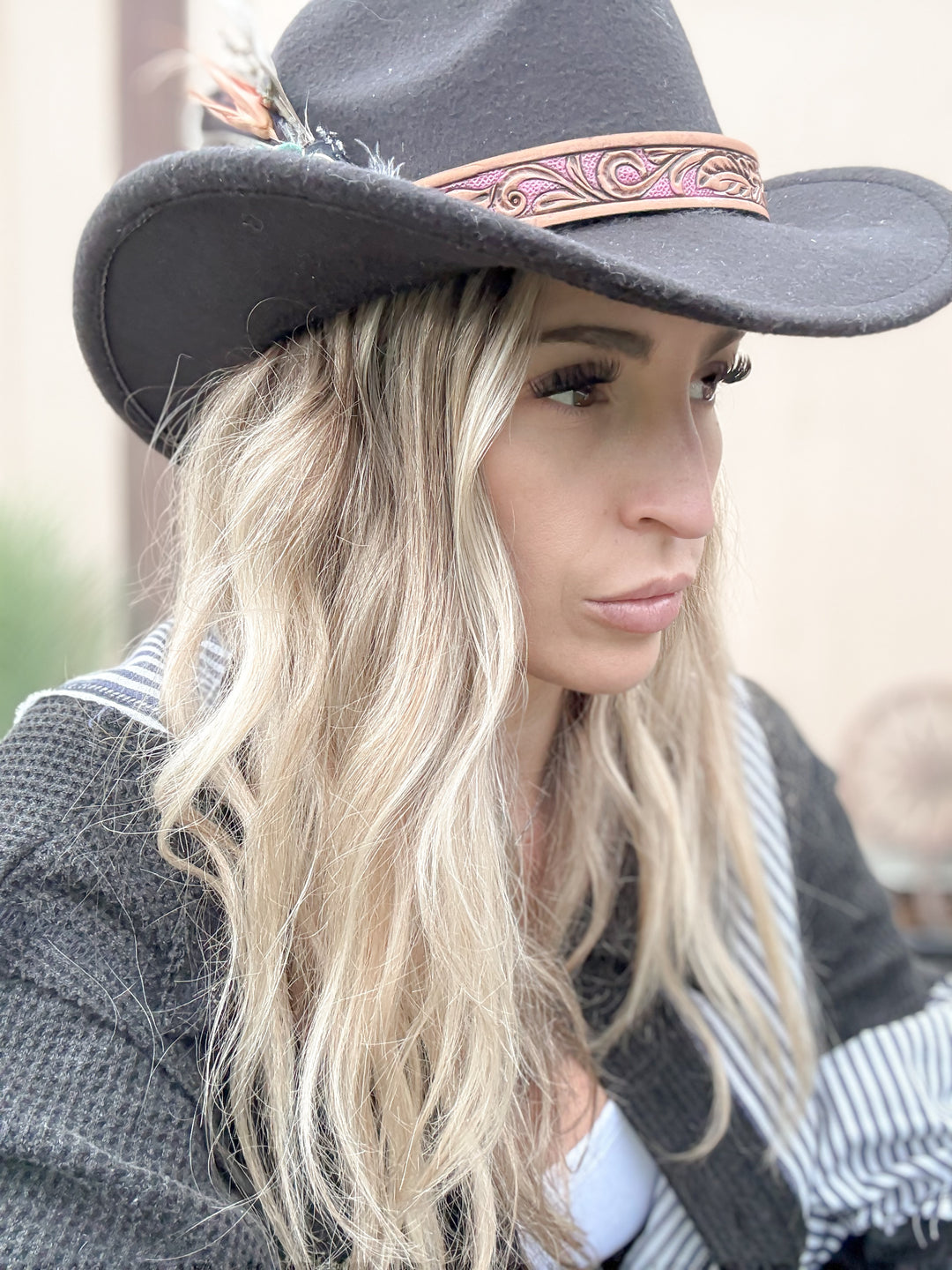 Handmade Tooled Leather Hat Band with Pink Floral Handpainted Details