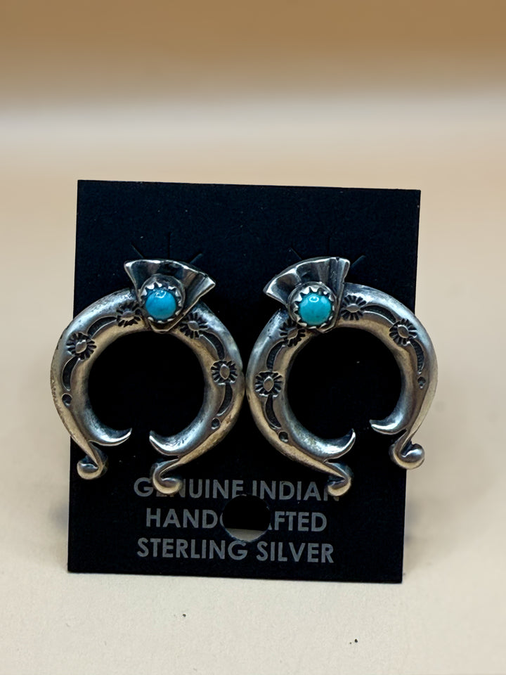 Navajo Handmade Sterling Silver Kingman Turquoise Naja Earrings
