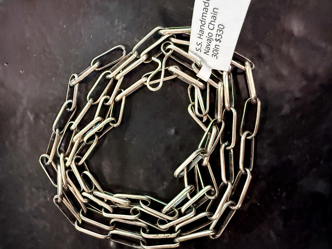 Navajo Sterling Silver Paperclip Chain Necklace – 30” Handmade by Lawrence Yazzie
